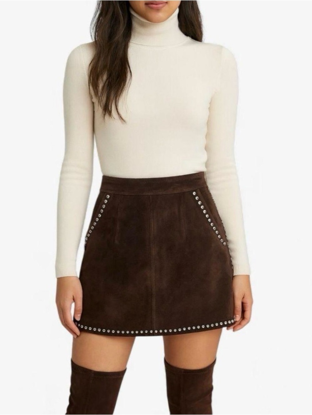 Frame Denim Brown Suede Mini Skirt with Stud Trim